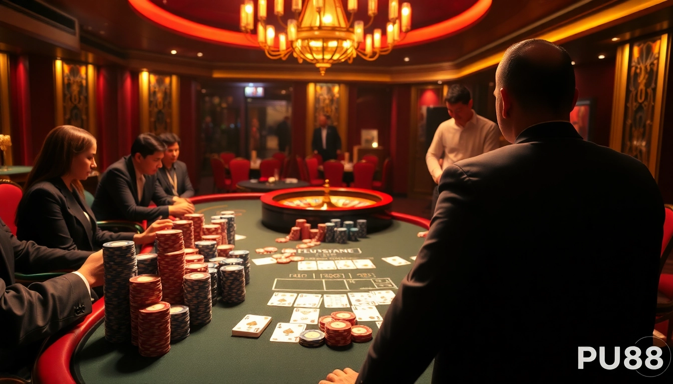 Players enjoying a thrilling poker game at PU88, surrounded by colorful chips and a roulette wheel.