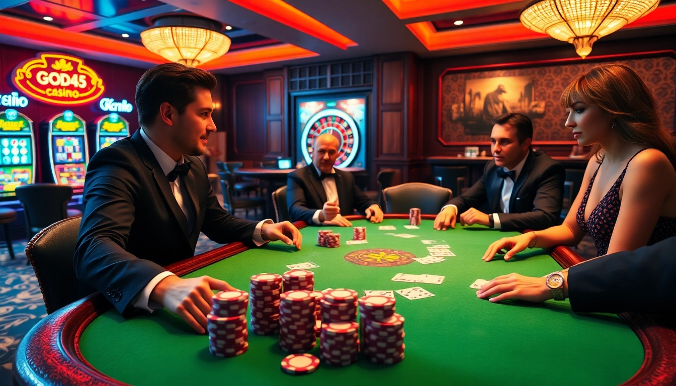 Exciting gaming environment at God345 casino with players enjoying poker, showcasing high-end chips and cards.