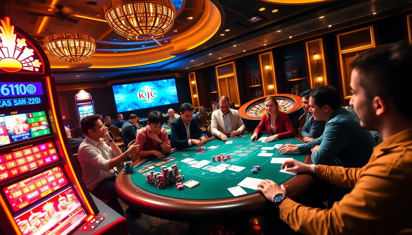 KJC poker excitement with players at a high-stakes table and vibrant casino atmosphere.