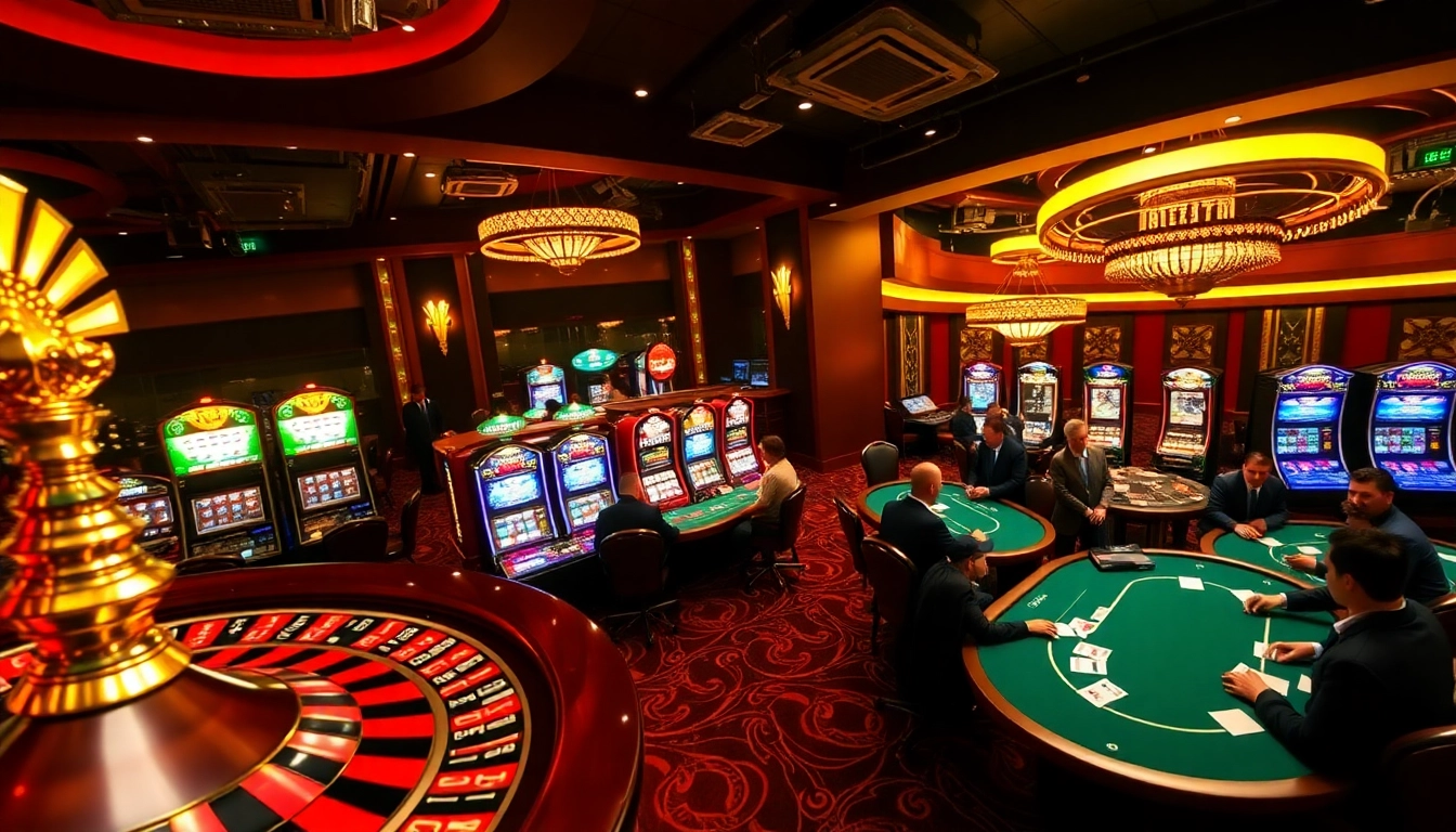 Experience exciting gameplay at F8bet with vibrant slot machines and a luxurious roulette wheel.