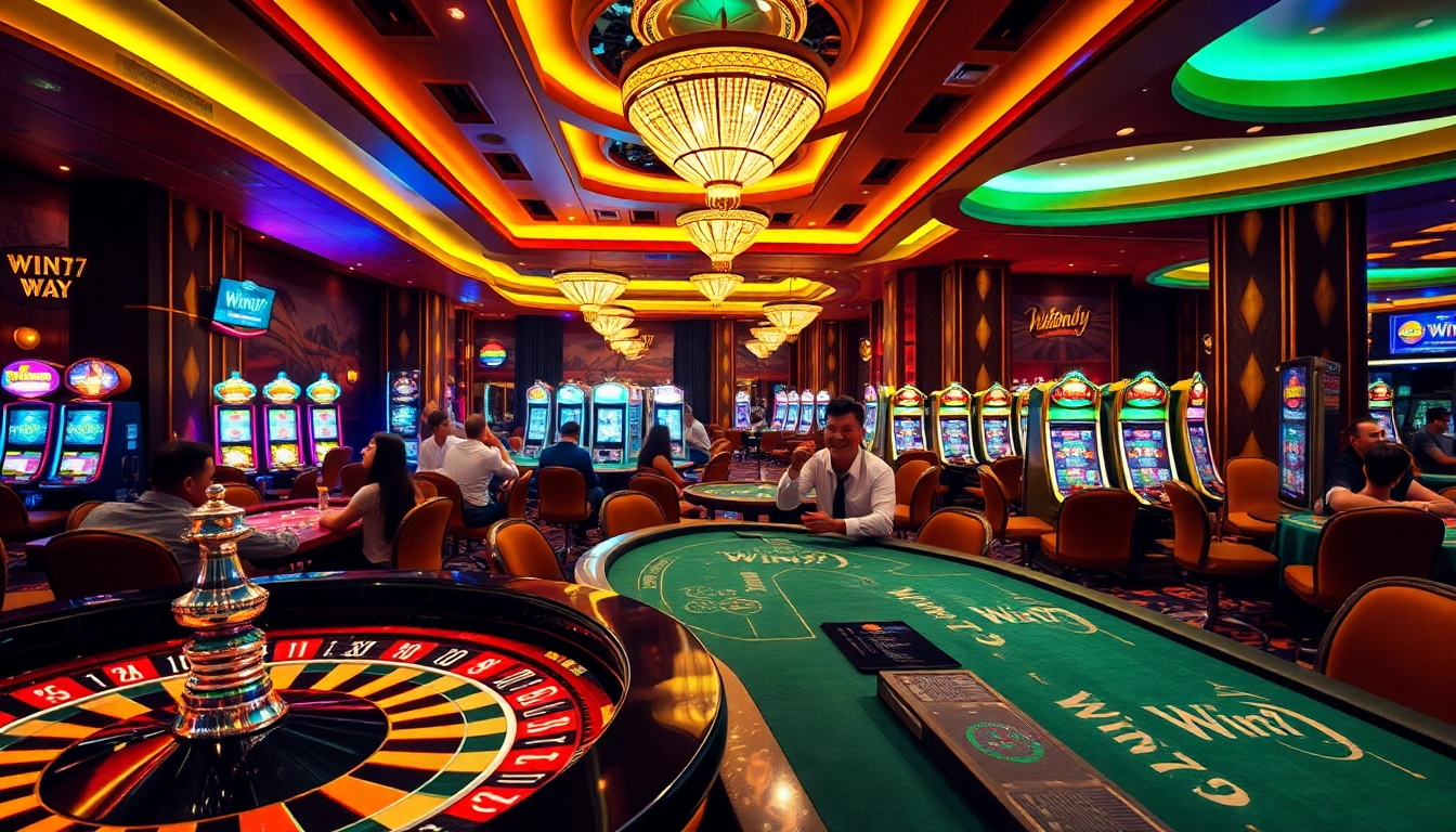 Win79 engaging players at a vibrant casino with roulette wheels and poker tables.