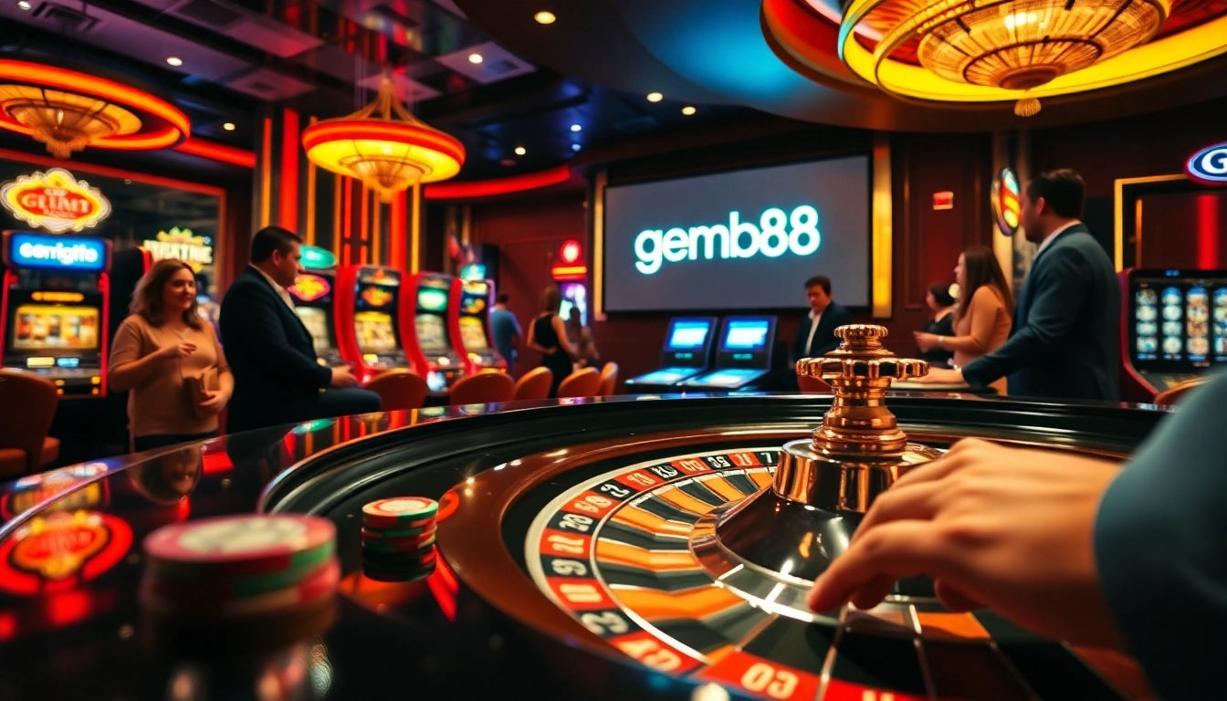 Experience the excitement of gem88 with players enjoying roulette and poker in a vibrant casino environment.