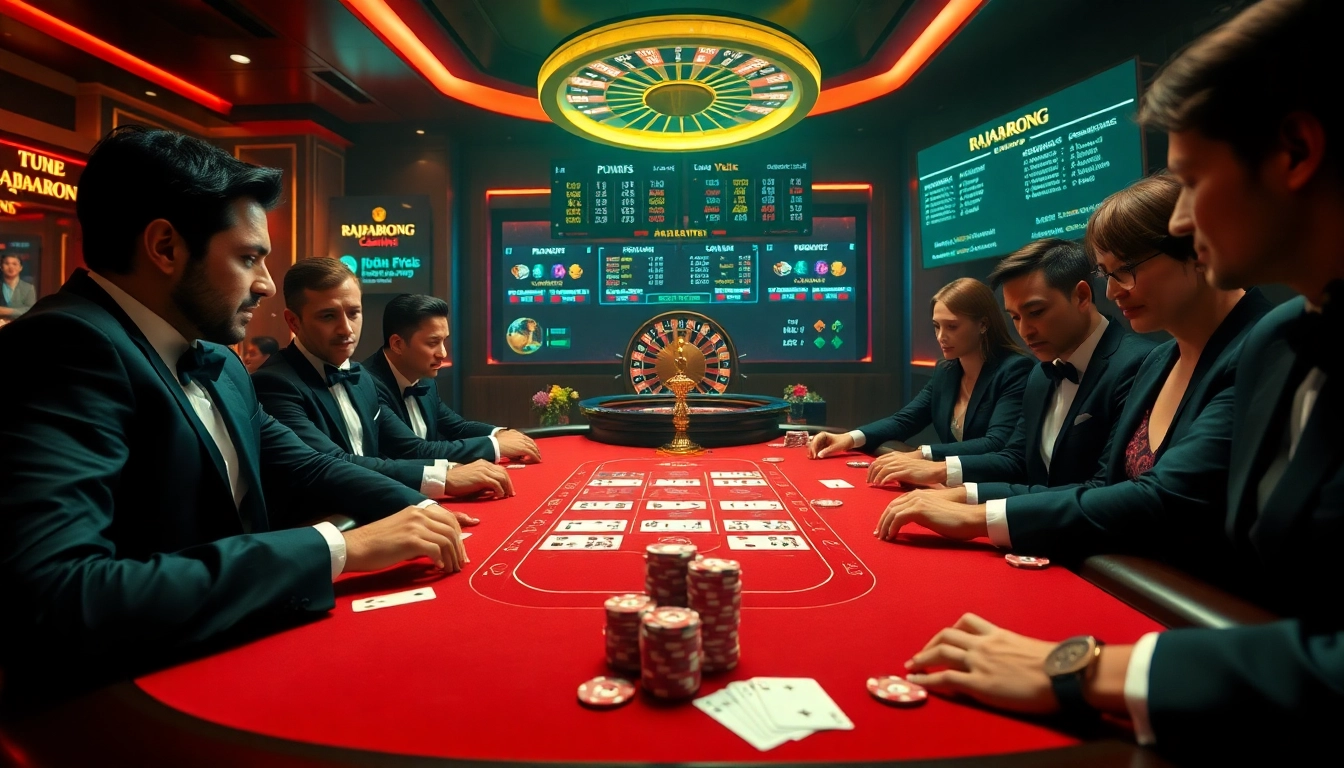 Players enjoying RAJABARONG at a luxurious poker table with vibrant chips and cards.