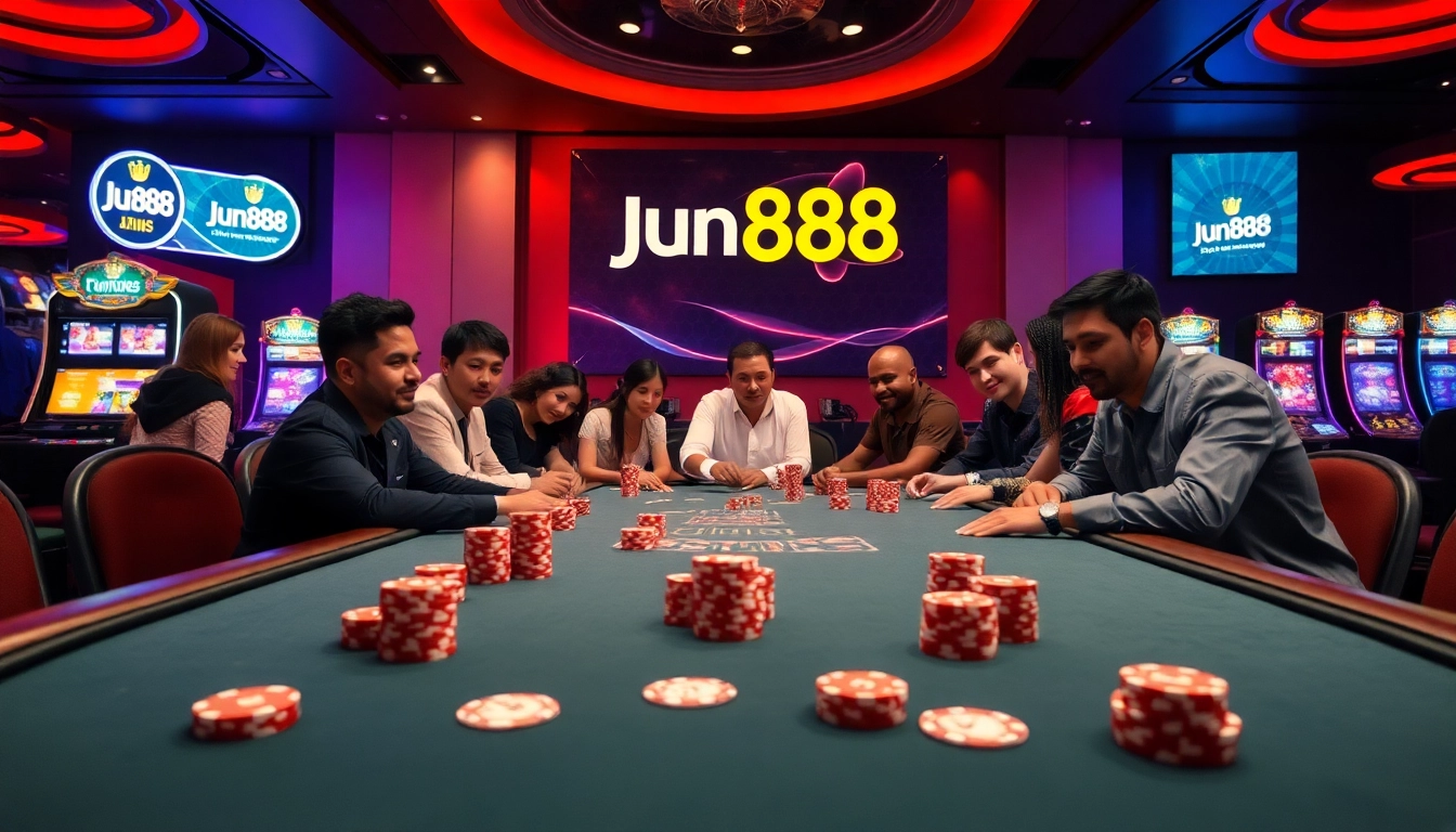 Engage in a thrilling poker game at Jun888, surrounded by high-stakes chips and elegant cards.