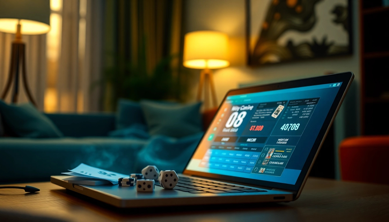 Exciting online gaming scene showcasing abc8 win on a sleek laptop with casino elements.