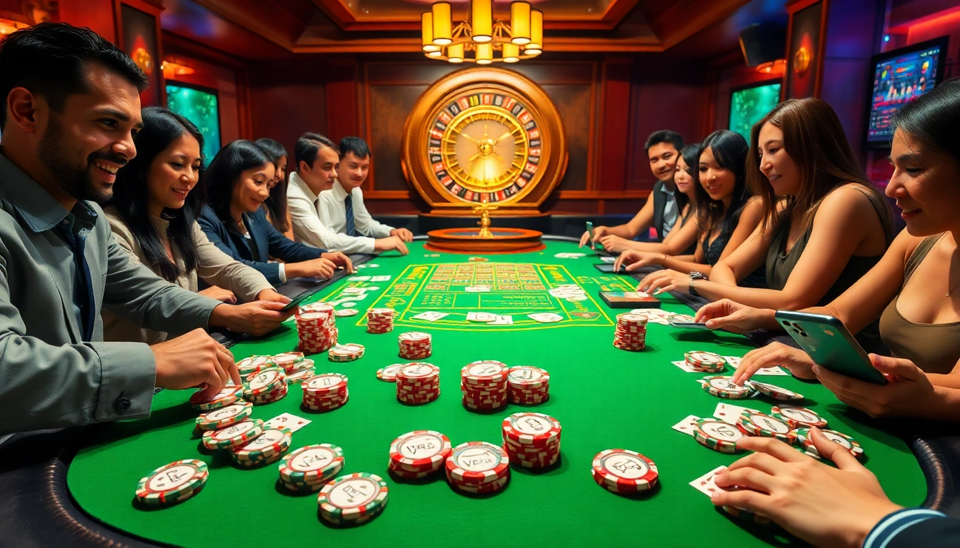 Players engaging in intense poker action with Vb88 chips at a vibrant casino table.