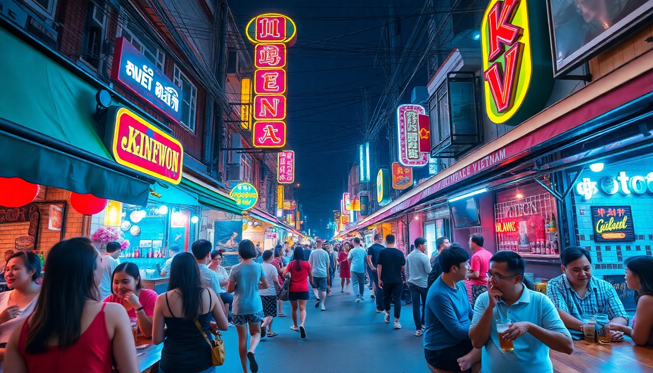Vibrant 베트남밤문화 scene with lively nightlife, neon lights, and bustling street food markets.