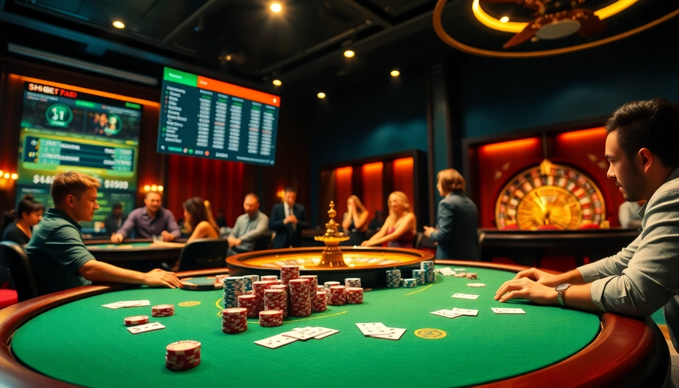 Sparking excitement at SHBET casino with high-stakes poker gameplay and a luxurious roulette wheel.