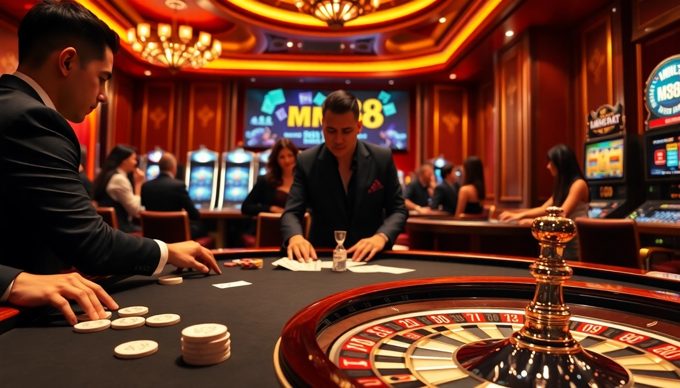 Experience the excitement of gambling at https://mm88.how/ with a lively casino scene featuring poker and slot games.