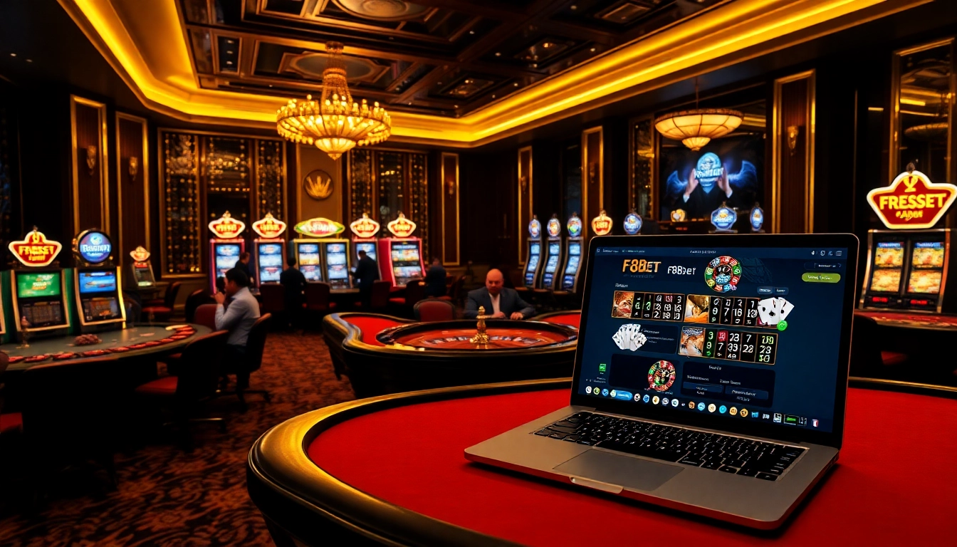 A vibrant casino scene showcasing https://f8bet.dental/ with a poker table and slot machines, evoking excitement and luxury.