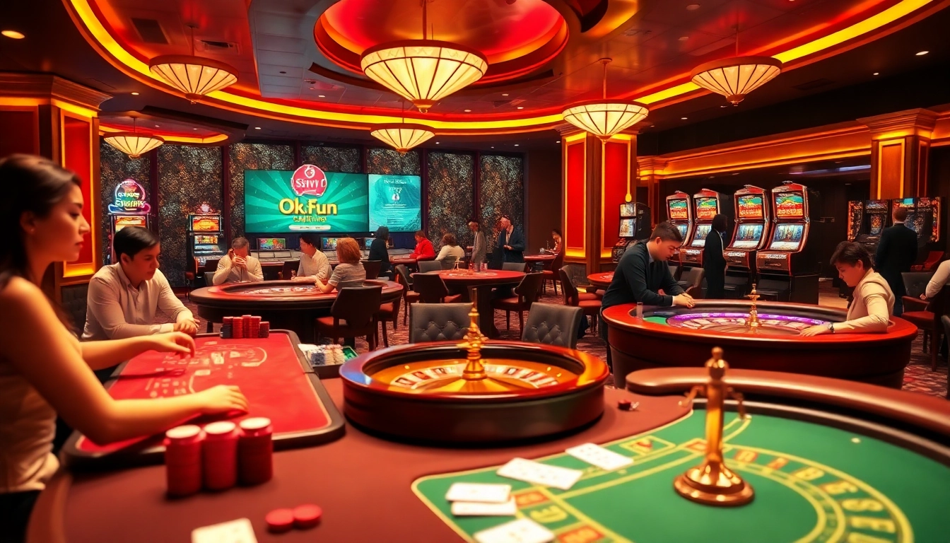 Exciting players enjoying casino games at OKFUN, showcasing vibrant tables and slot machines.