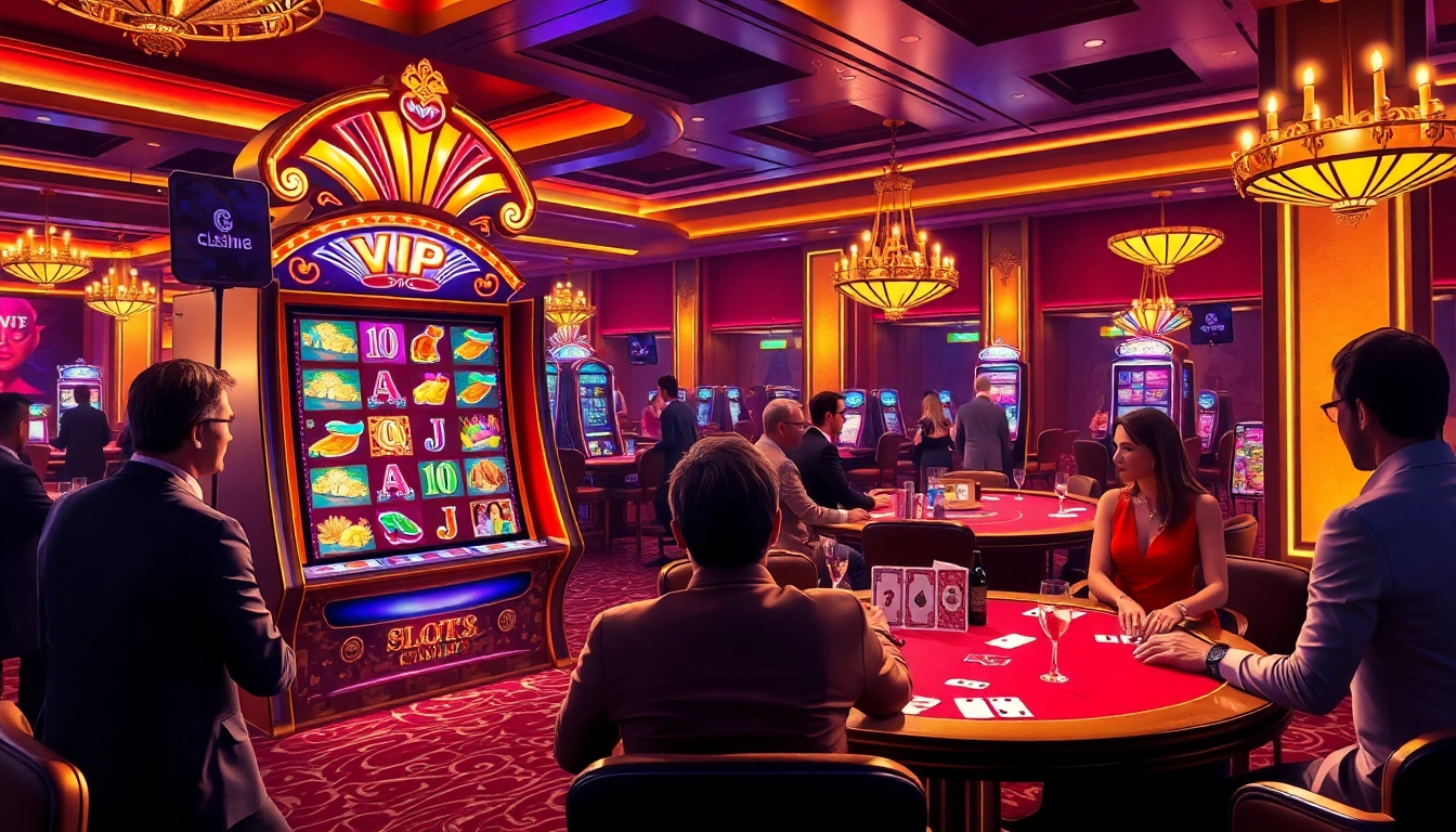 Experience the excitement of high-stakes gambling at Slots8 Vip casino with elegant slot machines and vibrant players.