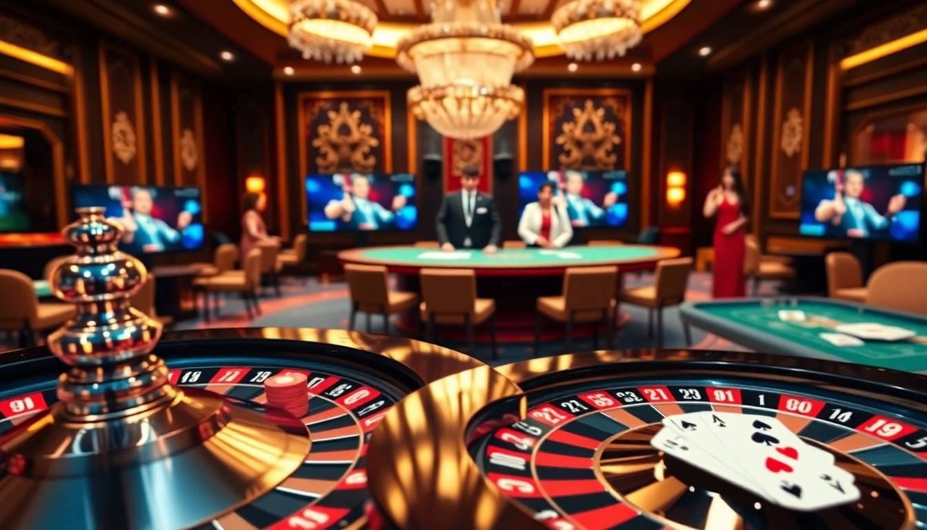 Players enjoying exciting EV88 games like poker and roulette at a luxurious online casino.