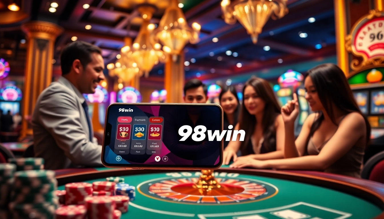 Experience the excitement of app 98win with an engaging mobile gambling scene featuring vibrant casino elements.