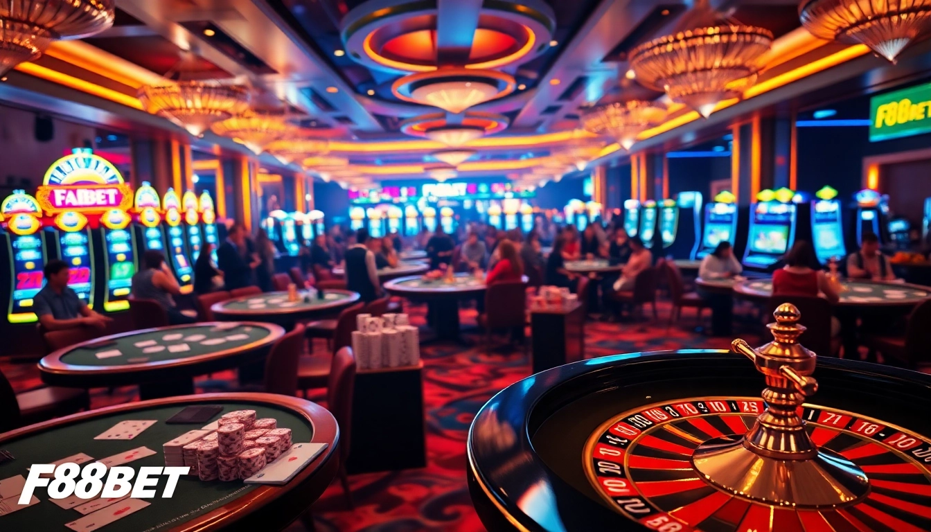 Exciting casino scene showcasing F8BET games with vibrant tables, chips, and roulette.
