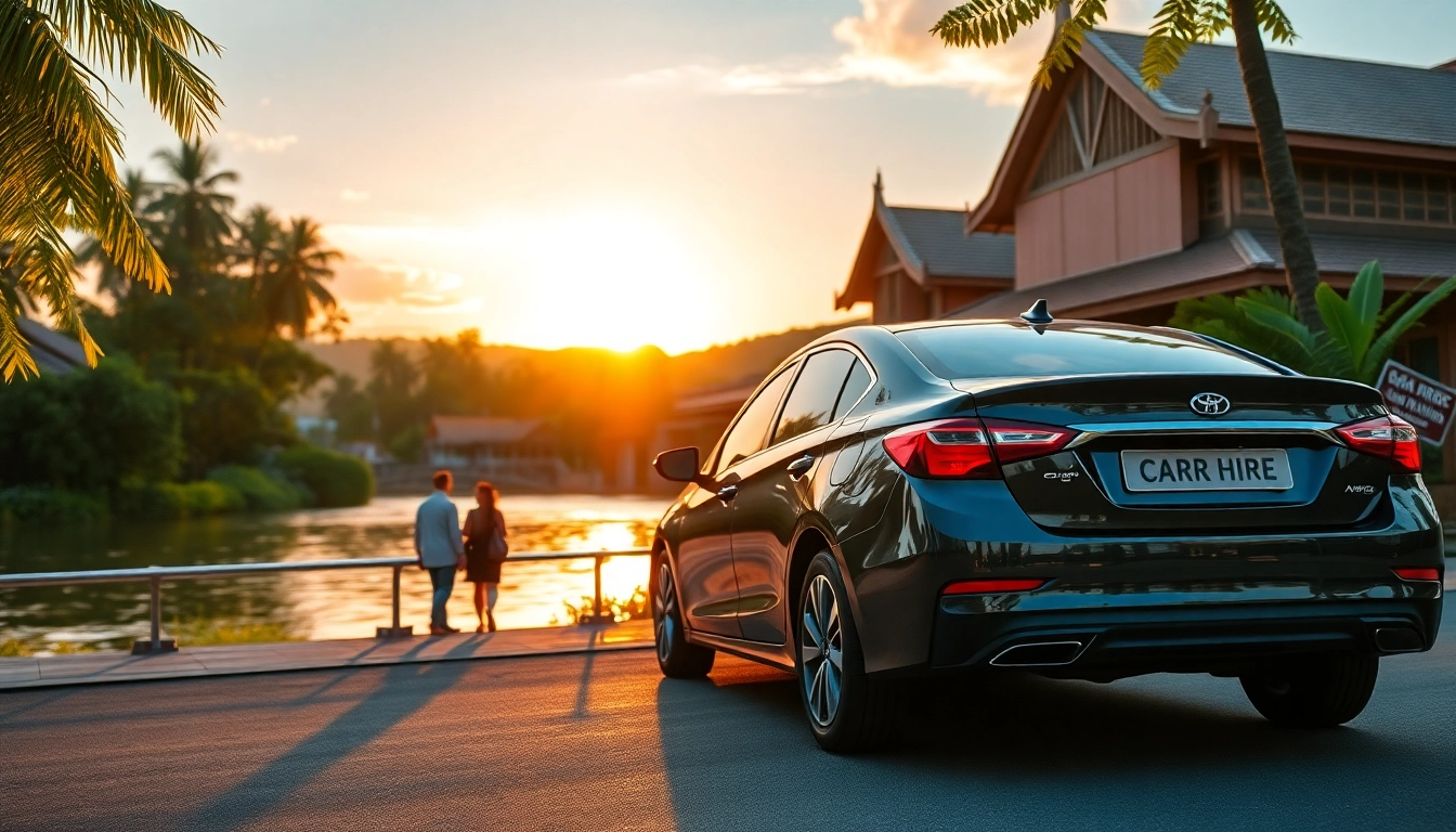Car hire in Kuching: A rental car by the Sarawak River at sunset, showcasing Kuching's beauty.