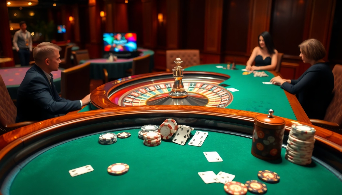 Experience high-stakes play at Jun88 with an elegant poker table and vibrant roulette wheel.