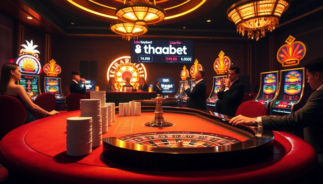Experience high-stakes excitement at thabet casino with vibrant poker tables and roulette wheels.