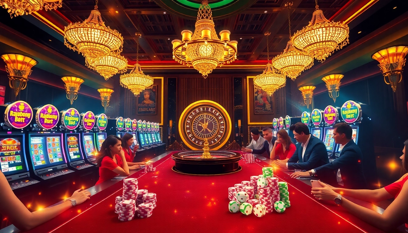 RAJABARONG players celebrating success at a luxurious casino table filled with chips and dice.