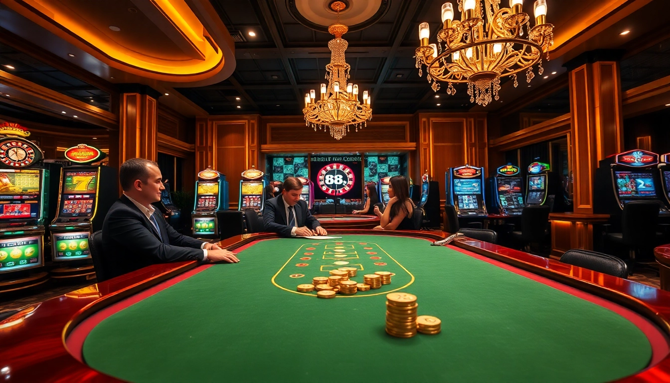 Players enjoying the thrill of bet 88 at a luxurious poker table in a vibrant casino.