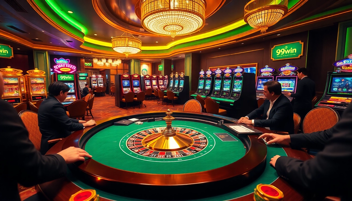 Experience the thrill of 99win as players engage in an exhilarating poker game at a luxurious casino table.