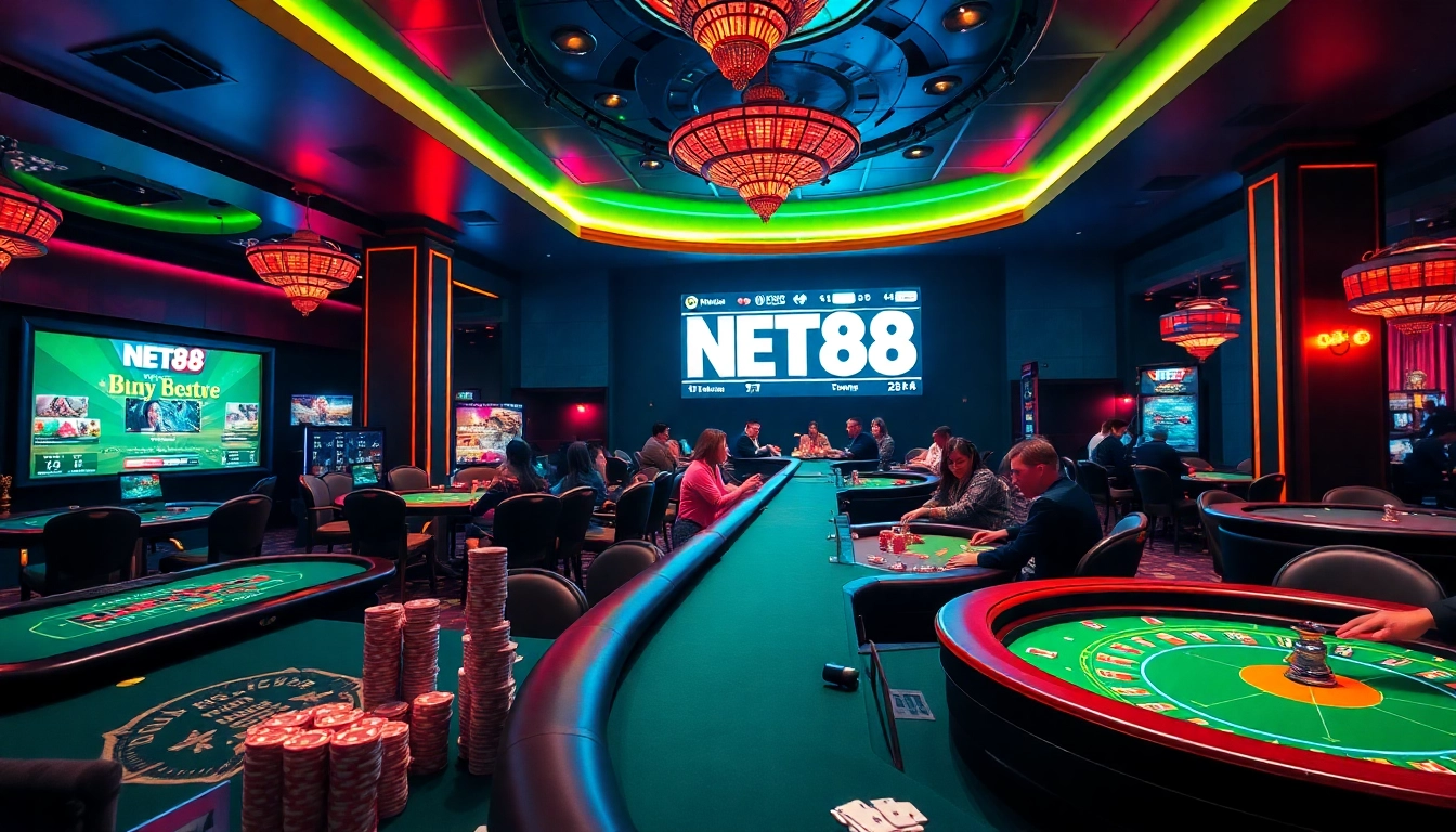 Excited players betting at NET88 casino tables, showcasing vibrant gaming action and luxurious atmosphere.