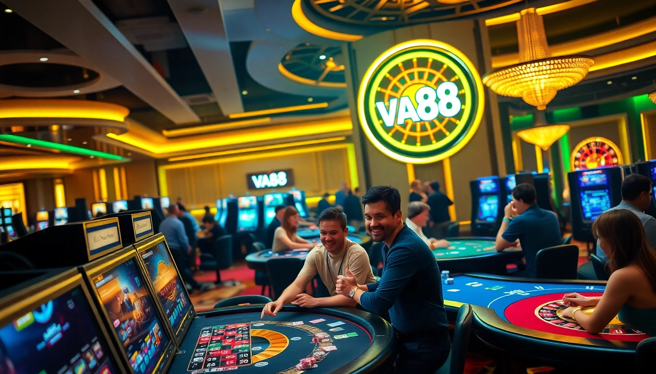 Gamblers at the vibrant VA88 casino enjoying slot machines and poker games.