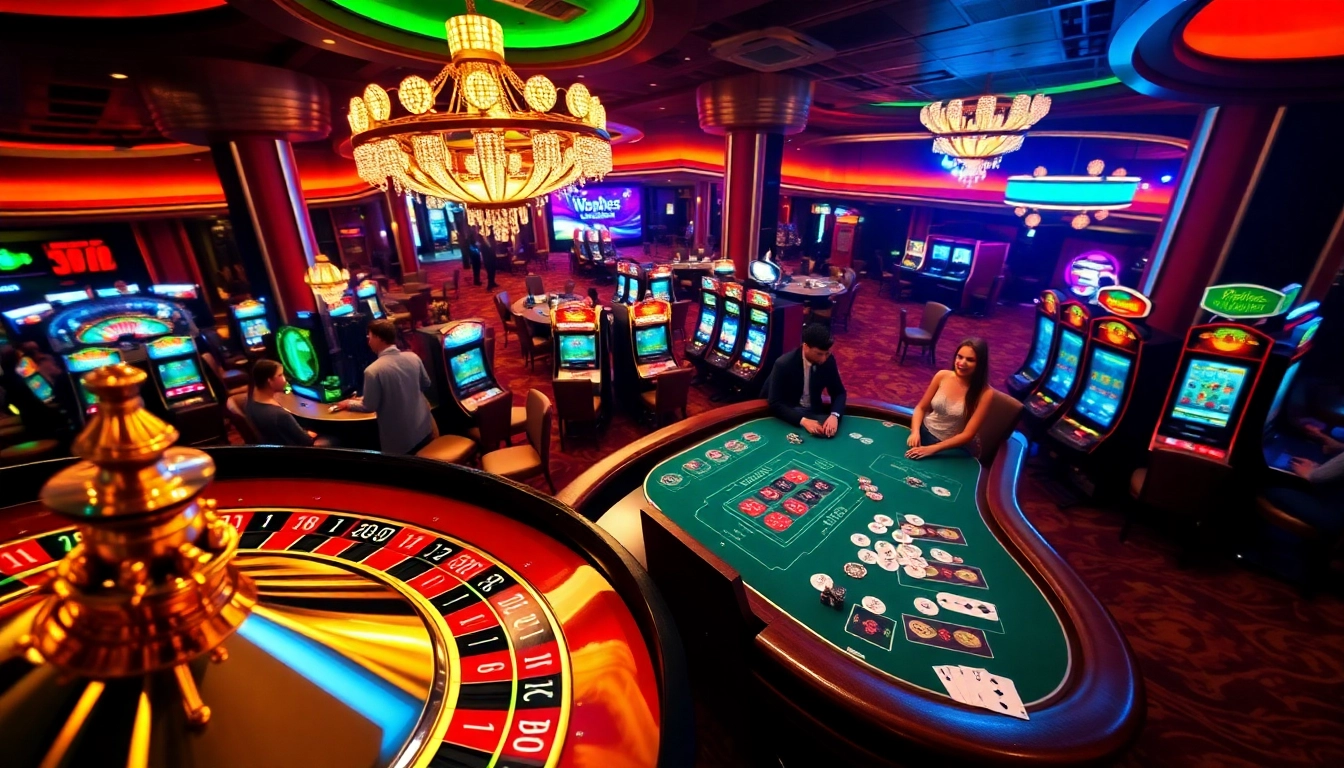 Exciting casino atmosphere showcasing OK365 link with roulette, slots, and players engaging in games.