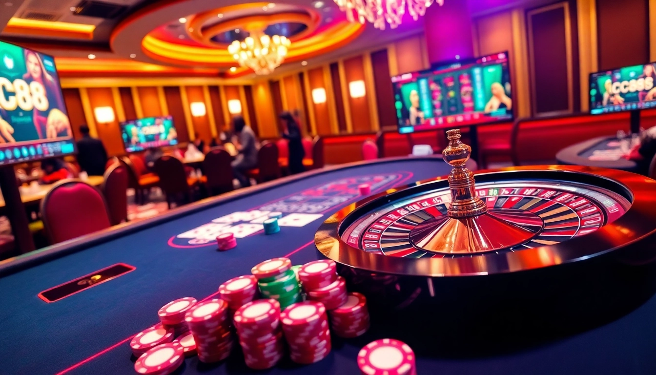 Players strategizing at the Lc88 casino table with colorful chips and cards.