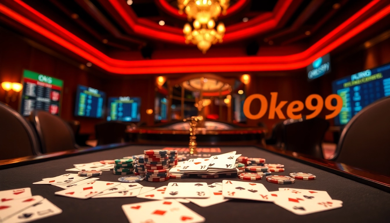Oke99 players strategizing at an elegant casino table with vibrant poker chips and digital odds screens.