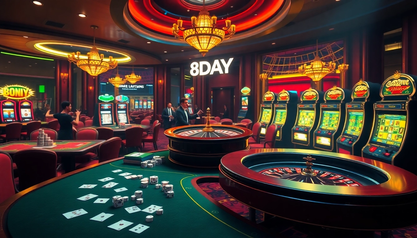 Players enjoying a thrilling experience at 8DAY casino with vibrant table games and luxurious ambiance.