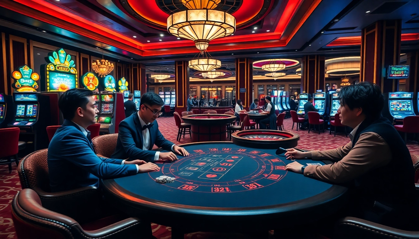 Engage in thrilling poker action at nhà cái hz88's luxurious gaming tables with vibrant slot machines.