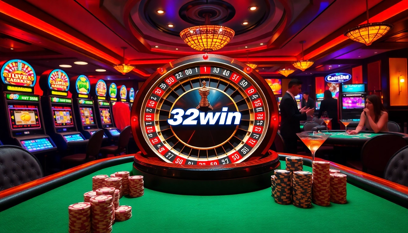 32win casino scene with roulette wheel, poker tables, and vibrant slot machines.