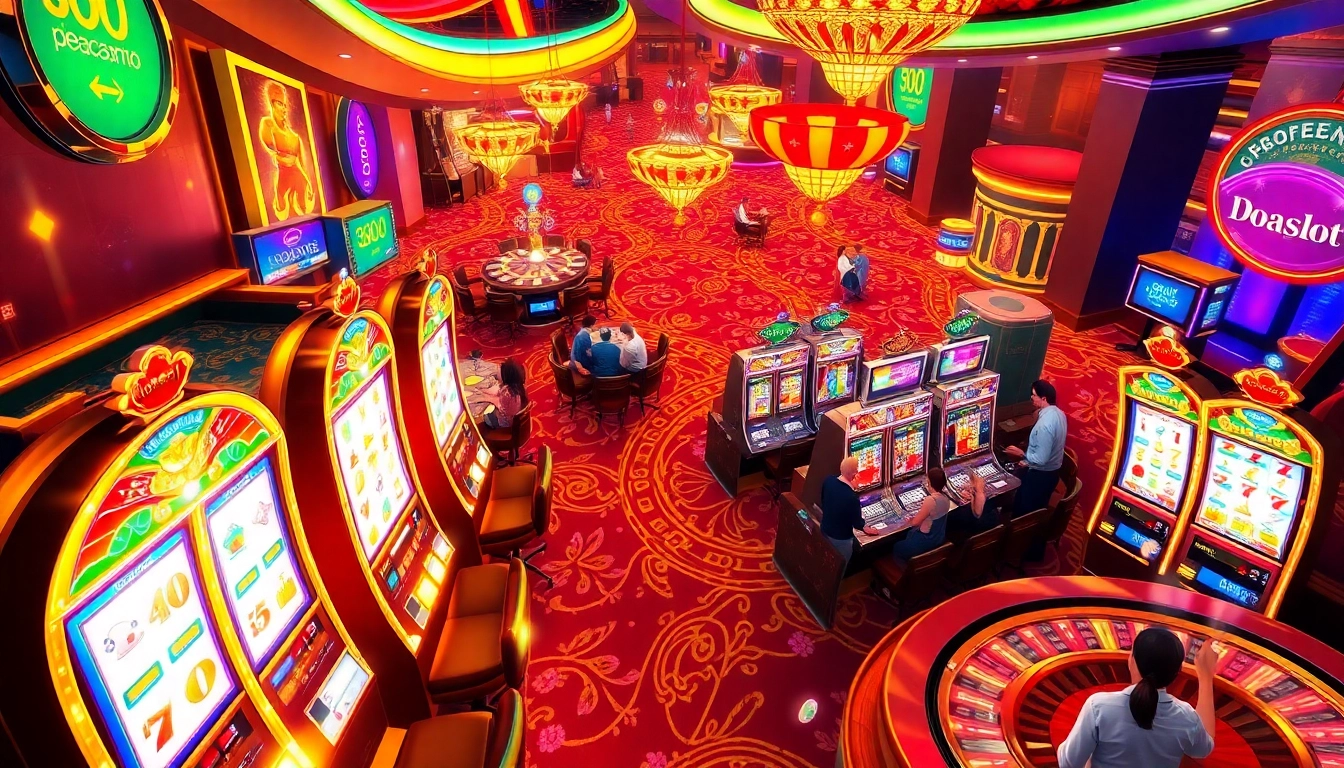 Players enjoying a vibrant 'doaslot' experience at a luxurious casino with slot machines.
