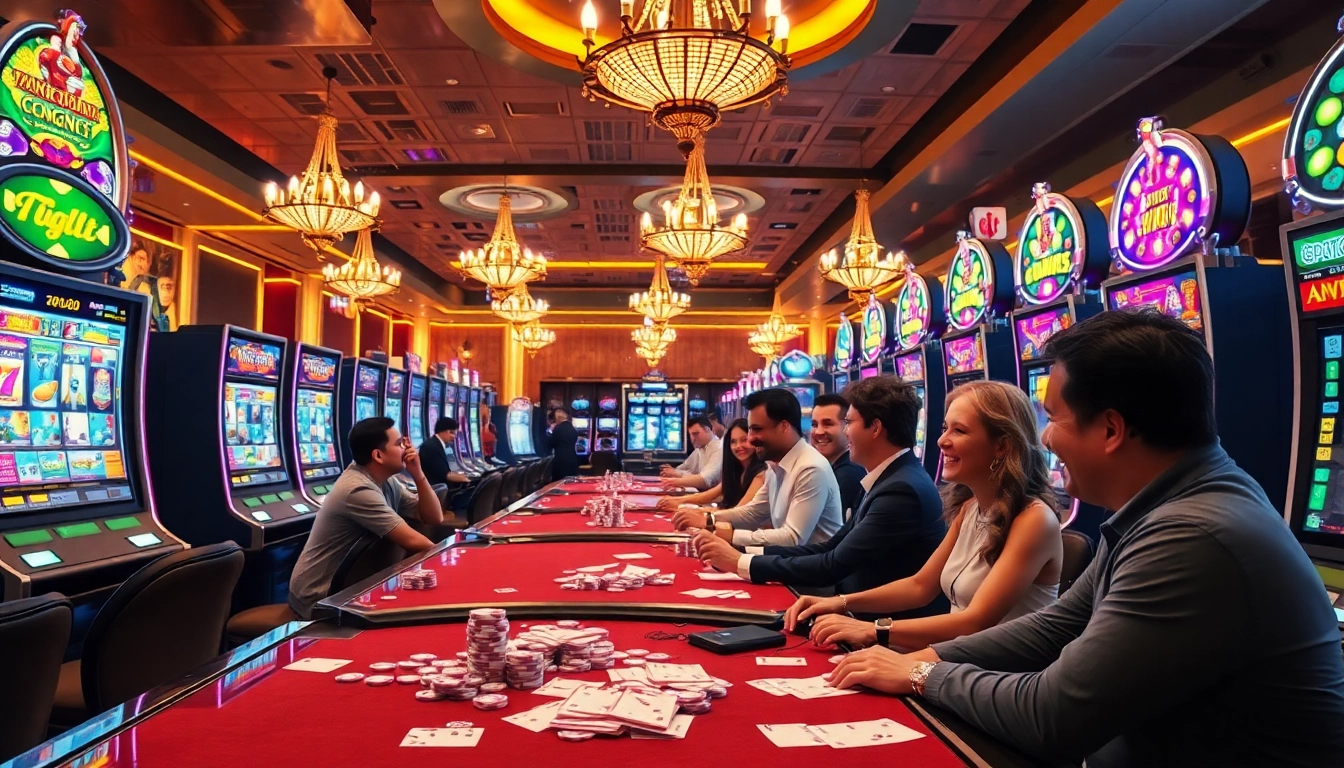 Engaging scene of a 슬롯커뮤니티 at a vibrant casino, showcasing players enjoying slot machines and sharing excitement.