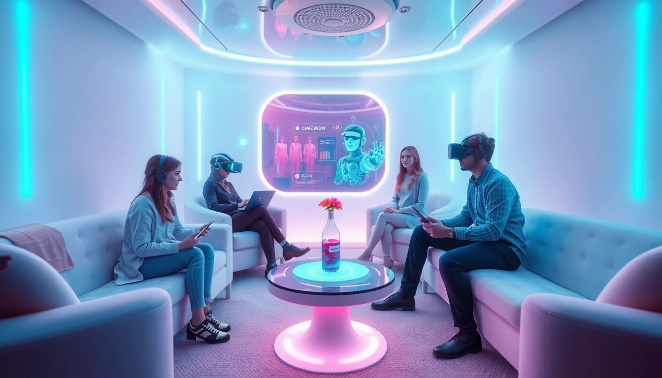 Engaging scene of users interacting with AI digital companions in a futuristic virtual reality setting focused on sex ai.