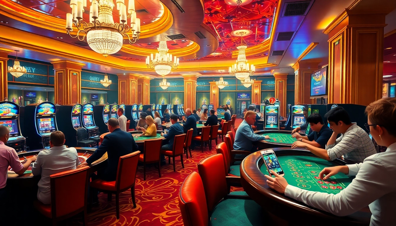 Experience the thrill of Sky Club gambling with players at roulette and poker tables in a luxurious casino setting.