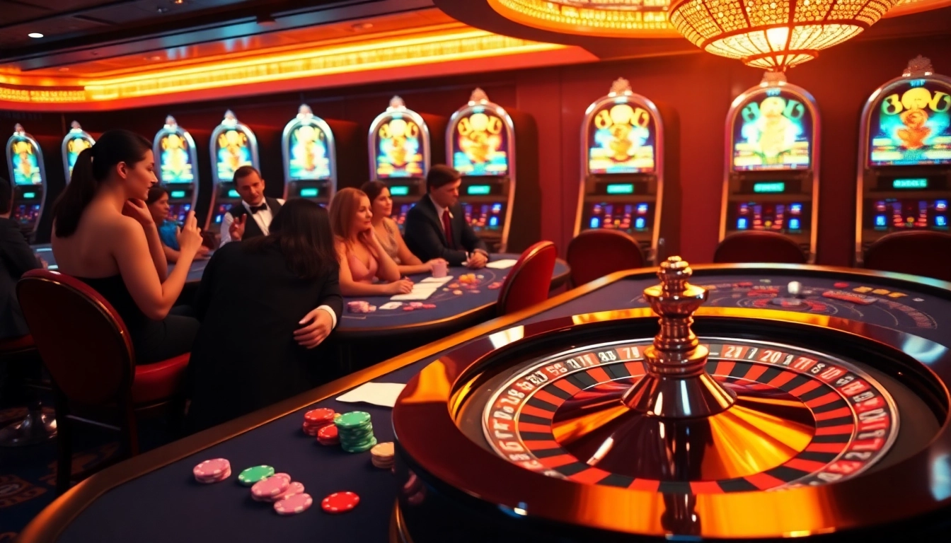 Engage in thrilling gaming action at BET88 casino with vibrant tables, chips, and roulette.