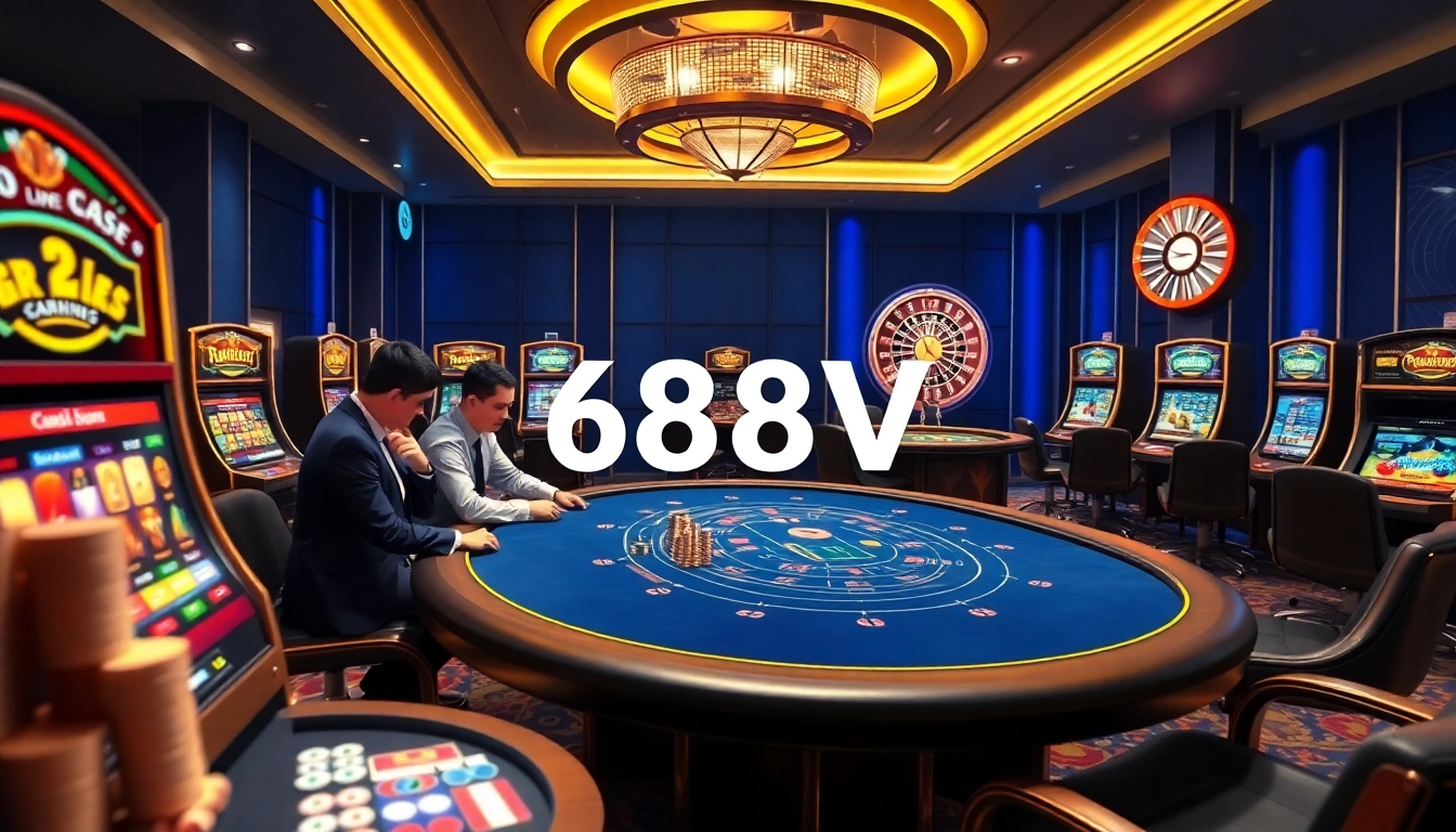 Experience excitement at 688V casino tables with vibrant slot machines and engaging dealers.