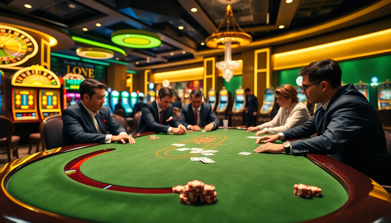 Intense poker action at a casino inspired by https://rr88c.mobi/, featuring vibrant chips and cards.