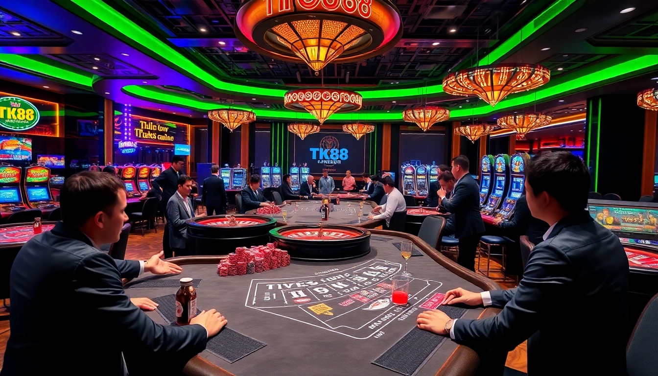 Players winning big at TK88 casino with colorful chips and lively games.