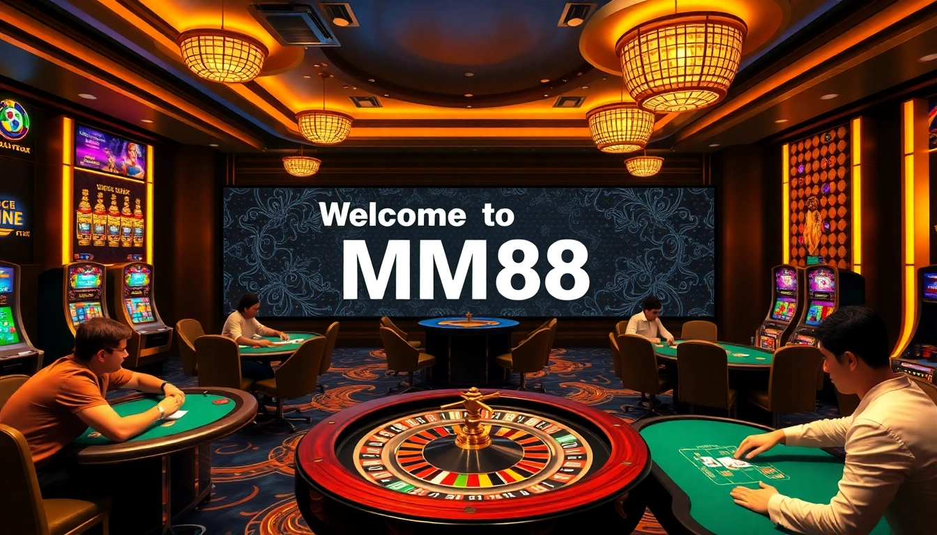 Players enjoying a thrilling moment at MM88 casino with vibrant slot machines and poker tables.