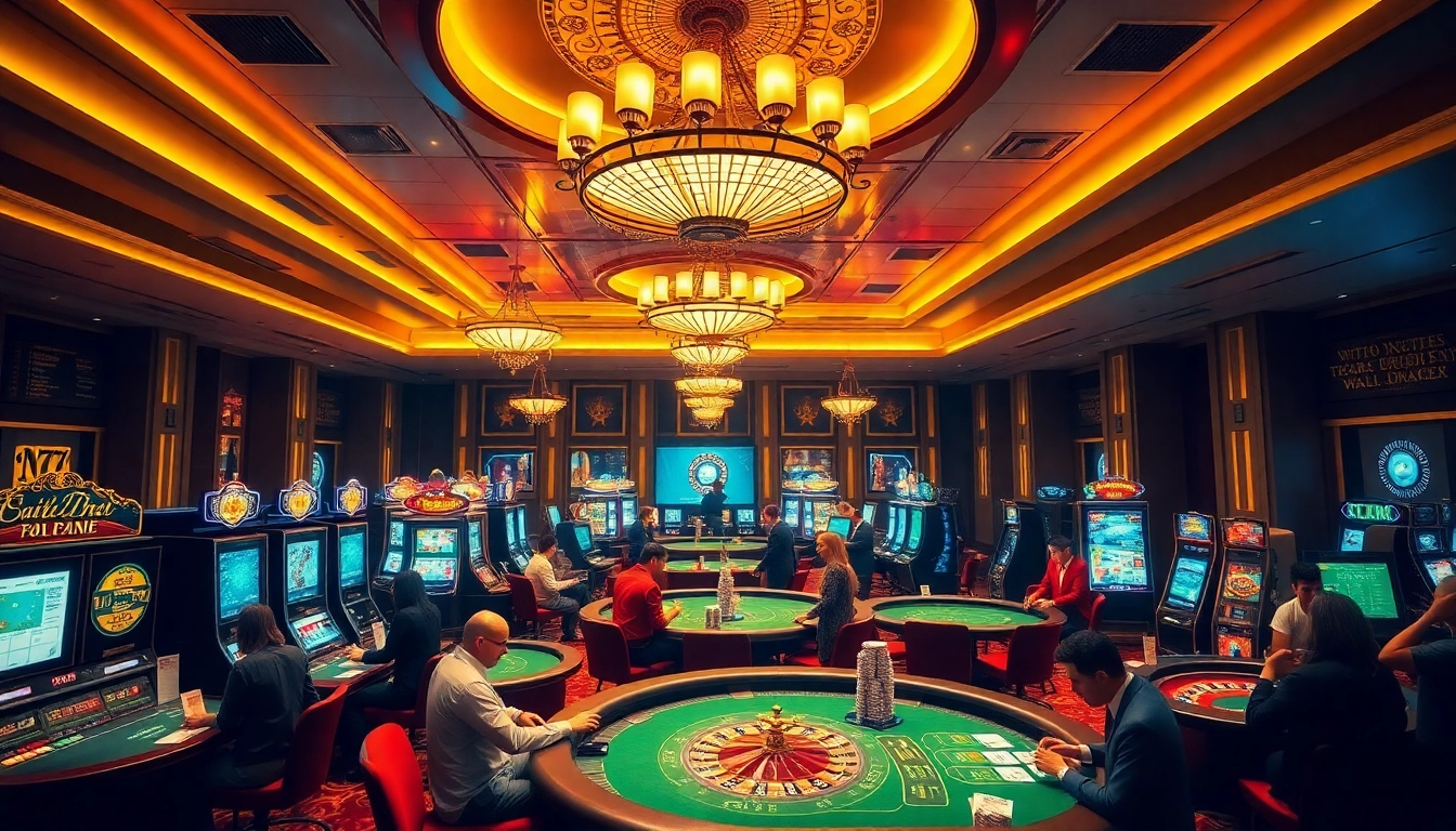 Players enjoy vibrant games at uu88 casino, featuring roulette wheels, poker tables, and slot machines.