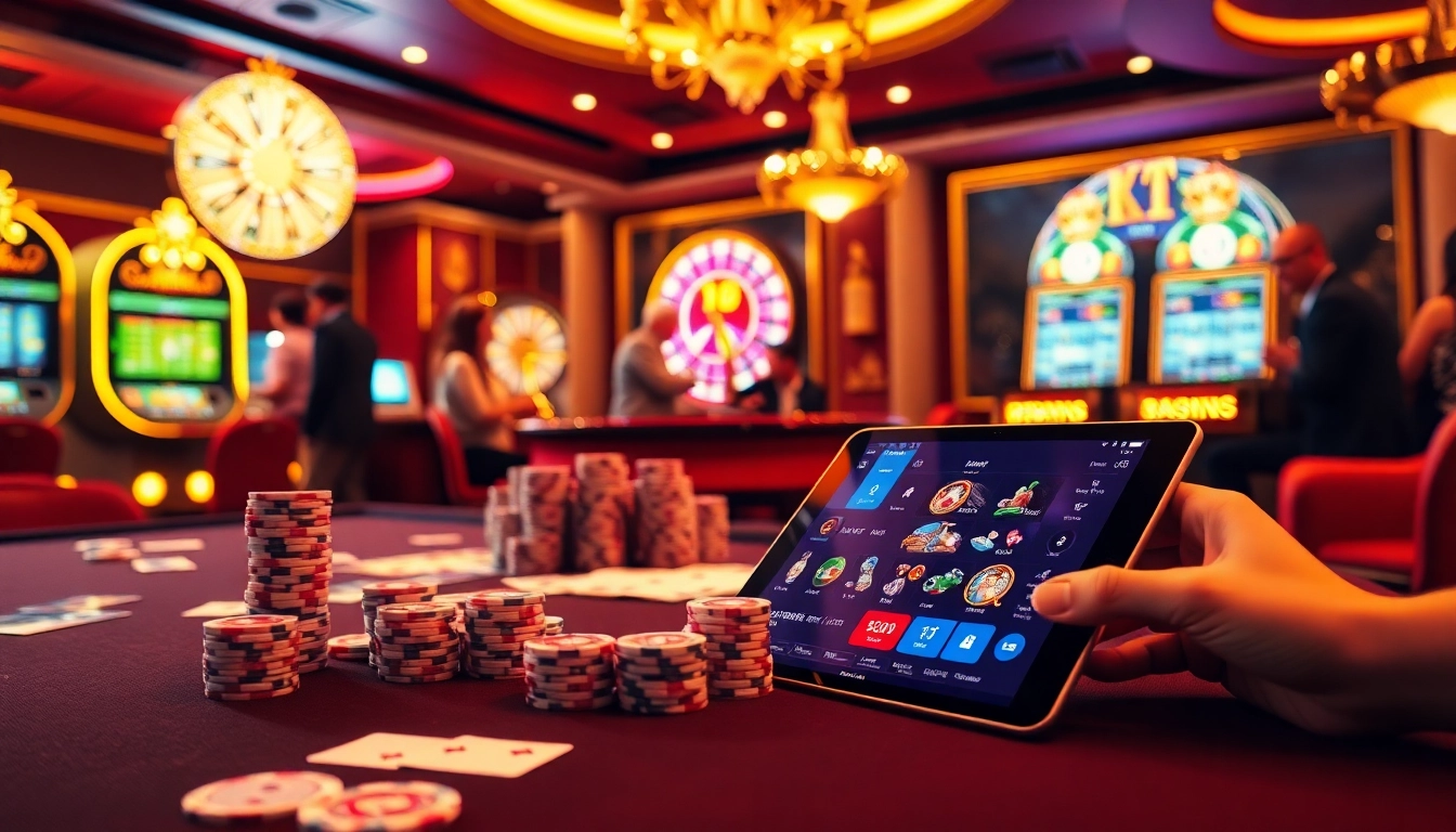 Exciting online gambling scene at https://9win1.online/ showcasing players engaged in a vibrant casino atmosphere with cards and chips.