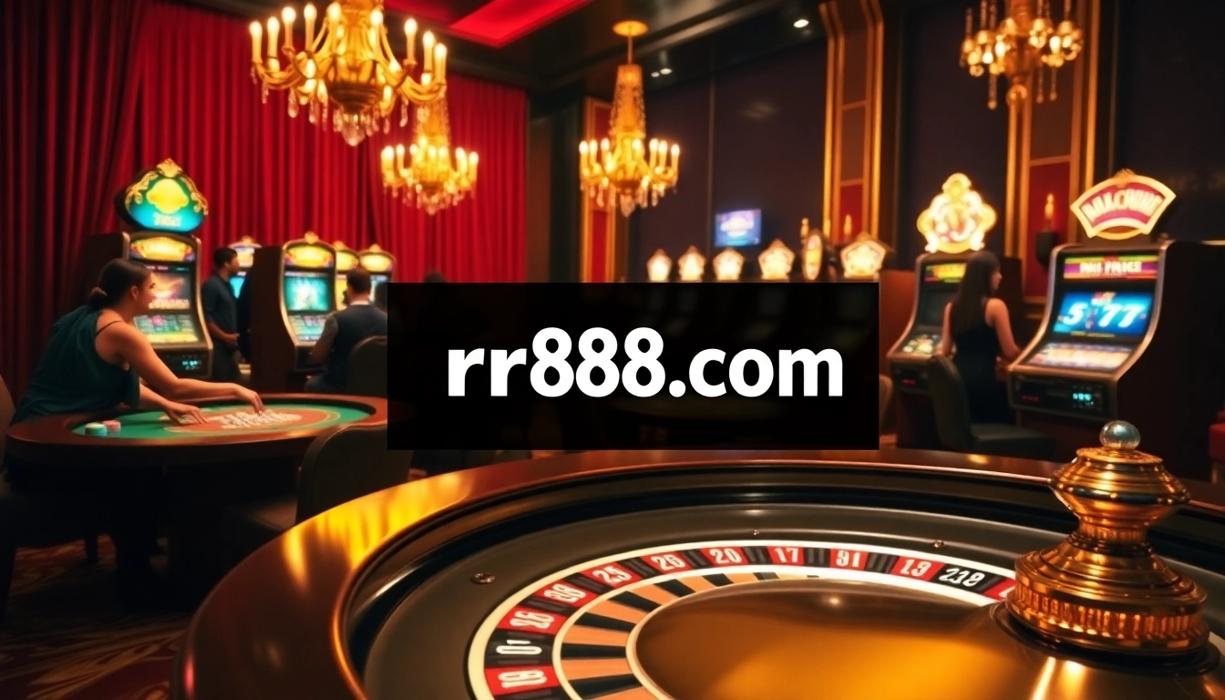 Players enjoying a thrilling game at rr88.com, surrounded by vibrant roulette tables and shining slot machines.