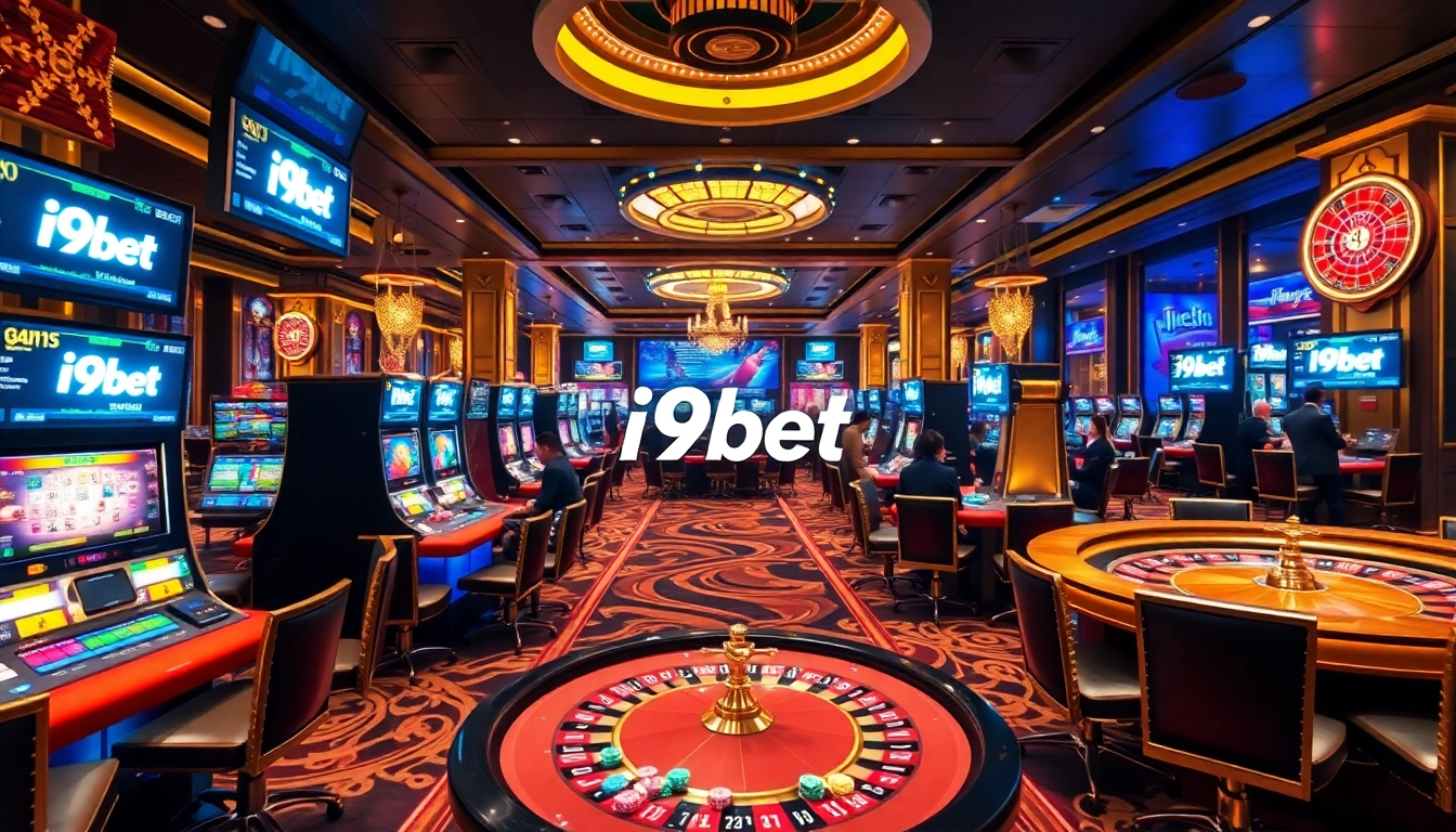 I9bet casino scene showcasing lively players at poker tables and vibrant slot machines in an exciting atmosphere.