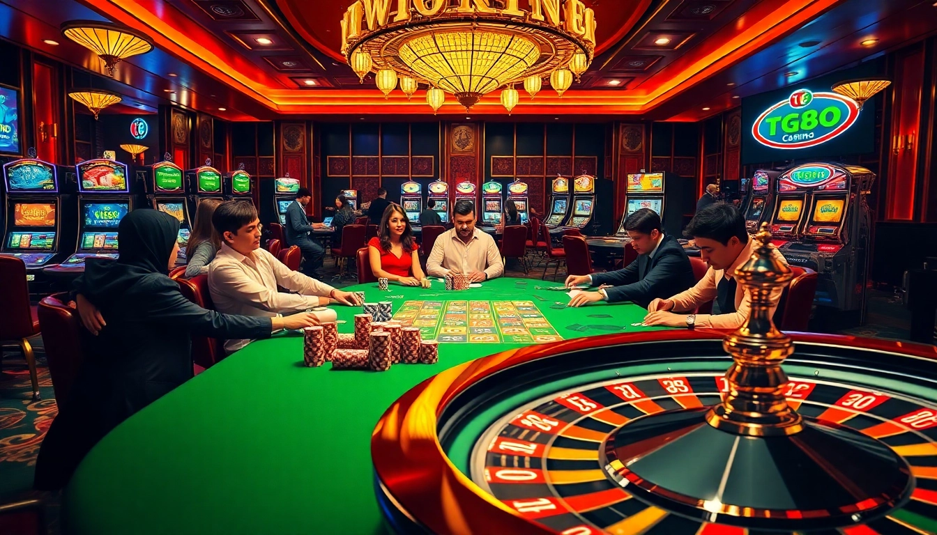 TG88 Casino scene showcasing high-stakes poker play, vibrant chips, and an elegant roulette wheel.