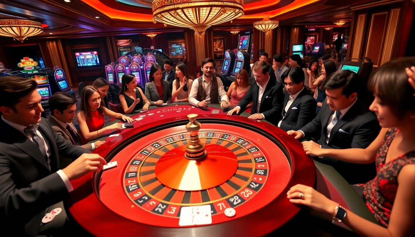 Experience the thrilling excitement of XX88 HOW at a vibrant casino gaming table featuring intense players and roulette action.