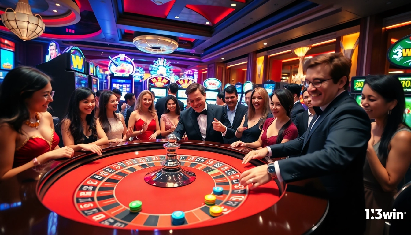 Players enjoy high-stakes gambling at a luxurious casino table featuring 13Win branding for an immersive experience.