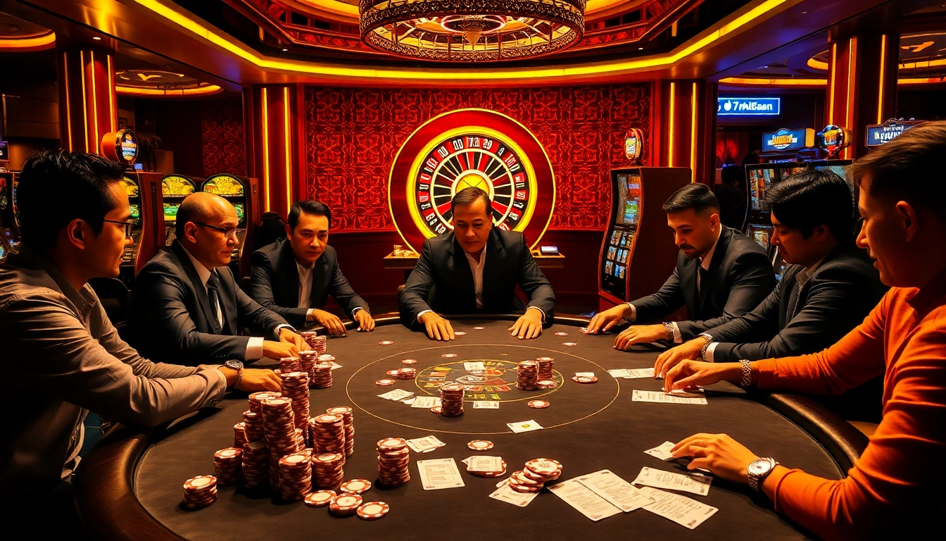 Players enjoying a thrilling poker game at a luxurious casino, embodying the excitement of 7mcn gaming.